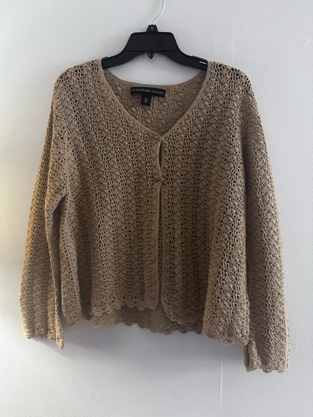 Josephine Chaus Taupe Crochet V-Neck Tie-Front Sweater